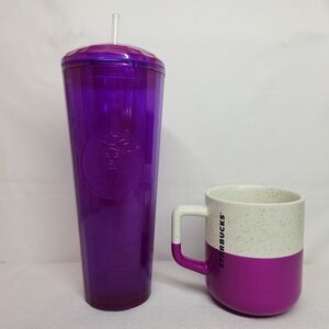 2 Lot Starbucks Tumbler Coffee Mug Cup Straw Purple White